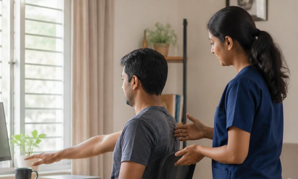 Representative image of a physiotherapist assessing an adult at a workstation