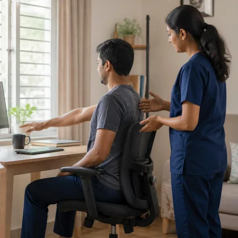 Representative image of a physiotherapist assessing a seated adult at a workstation