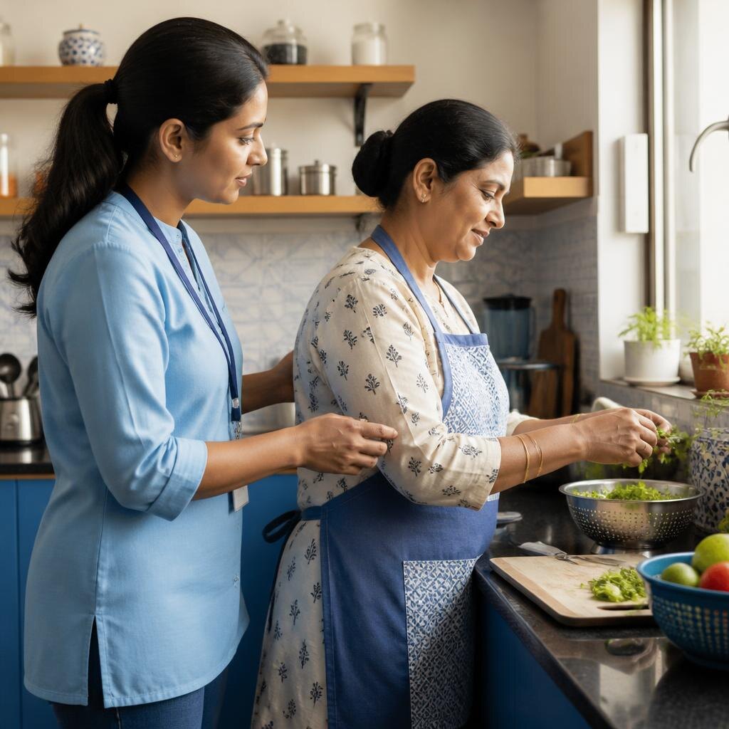 A physiotherapist supports an adult while they practise a kitchen task at home.