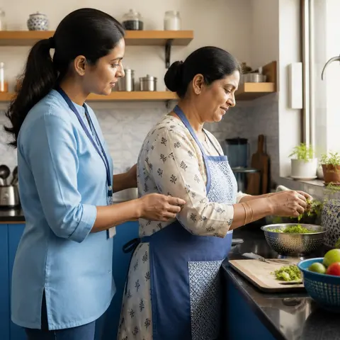 A physiotherapist supports an adult while they practise a kitchen task at home