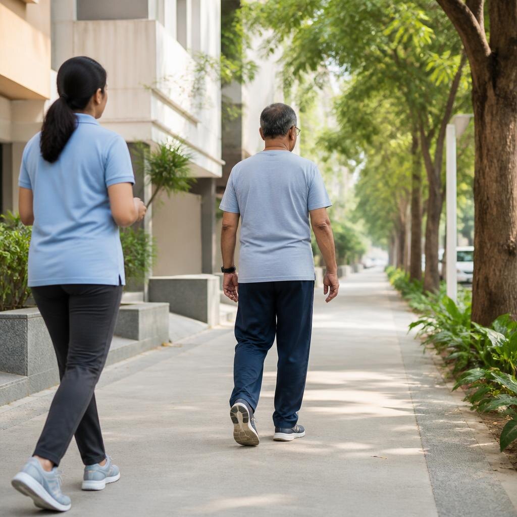 An older adult walks at a measured pace on a smooth path with a physiotherapist nearby.