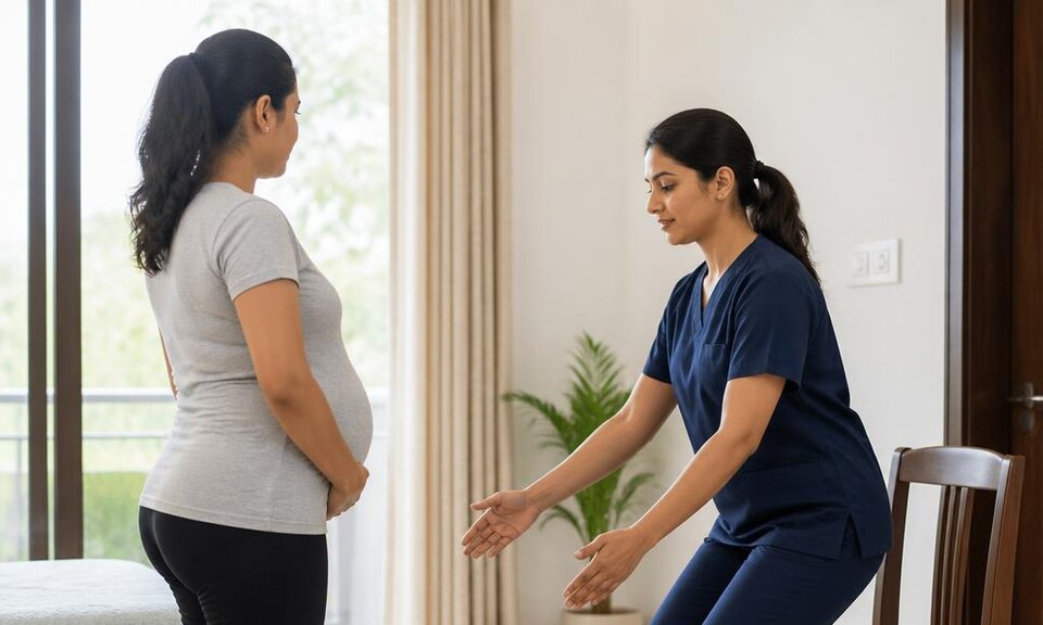 Representative image of a physiotherapist discussing safe movement with a pregnant adult at home