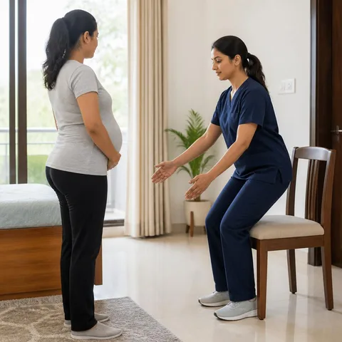 Representative image of a physiotherapist discussing safe movement with a pregnant adult at home