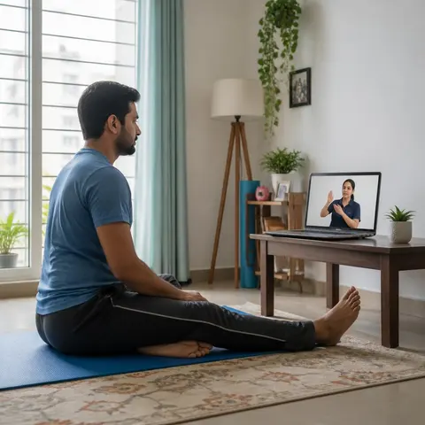 An adult follows a physiotherapist on a laptop video call while seated on an exercise mat at home
